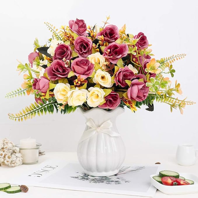 LESING Artificial Fake Flowers with Vase Silk Artificial Roses Wedding Flowers Bouquets Home Office Party Meeting Room Decoration (Violet red-1)