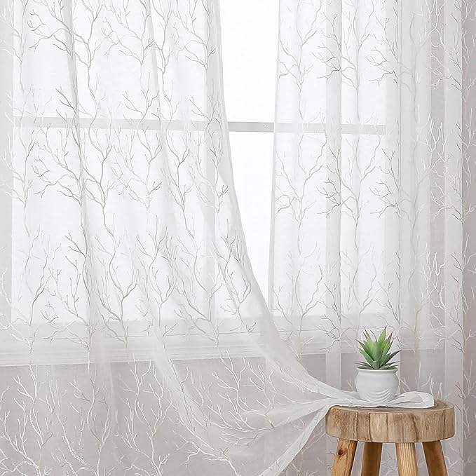 VISIONTEX Sheer Curtains 63 inch Length 2 Panels Set, Decorative Beige Coral Embroidery, Rod Pocket Embroidered Window Drapes for Living Room and Bedroom, 54" x 63"