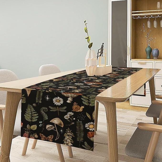 Mushroom Table Runner,Retro Forest Plant Table Runner for Kitchen Dining Table Home Party Decoration 13x60 Inch
