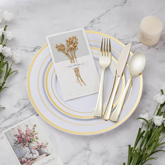 BESTVIP 150PCS Plastic Dinnerware Set (25 Guests), Gold Disposable Plates for Party, Wedding, Christmas, Anniversary, Includes: Dinner Plates, Dessert Plates, Cups, Spoons, Forks and Knives