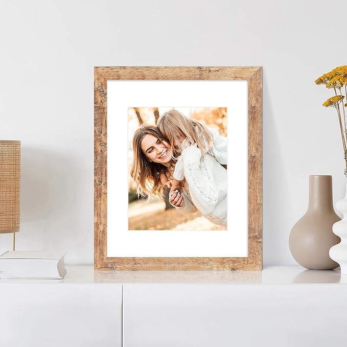 11x14 Picture Frame Set of 4 with Tempered Glass, Rustic Brown Frame Display 8x10 Pictures with Mat or 11 x 14 Without Mat, Wooden Photo Frames for Wall Mounting