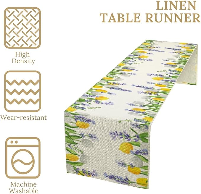 Floral Tulip Lavender Table Runner, Spring Watercolor Flower Plants Nature Butterfly Table Runner for Kitchen Dinner Living Room Home Party, 13x60 Inch