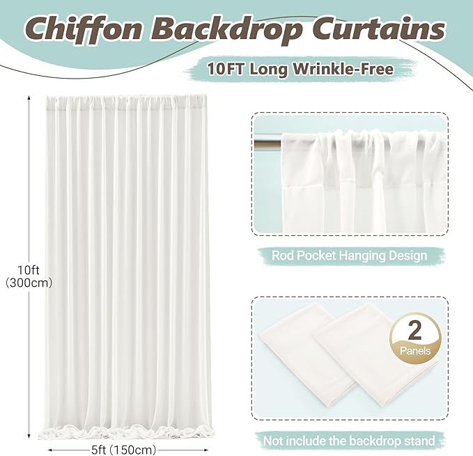 10ft x 10ft Beige Backdrop Curtains, Wrinkle-Free Sheer Chiffon Fabric Photo Backdrop Drapes for Wedding Arch Party Ceremony Stage Photography Decorations