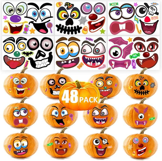 48Packs Pumpkin Decorating Kit, Make Your Own Small Pumpkin face Stickers, Halloween Pumpkin Decorating Stickers for Kids Halloween Party Favors