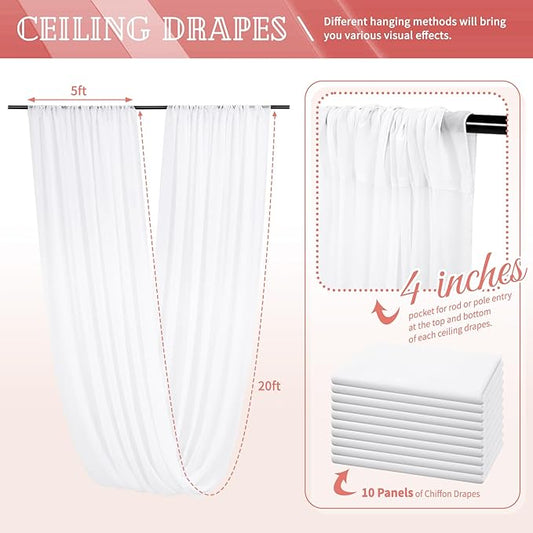 10 Panels White Ceiling Drapes for Wedding 5ftx20ft Sheer Drapery Chiffon Fabric Arch Draping Curtains for Party Ceremony Birthday Baby Shower Reception Stage Ceiling Decorations