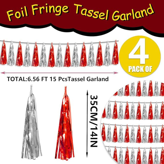 4P Red Silver Foil Fringe Tassel Banner Garland Metallic Tinsel Streamers Wall Hanging Curtain Backdrop Banner for Parade Floats, 2024 Graduation Decorations, Father's Day, Wedding Party Decoration