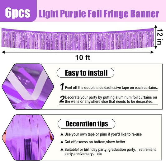6 Pack 10 Feet Light Purple Foil Fringe Garland Metallic Tinsel Streamers Banner Wall Hanging Curtain Backdrop for Parade Floats, Birthday, Graduate, Mother's Day, Wedding Party Decoration