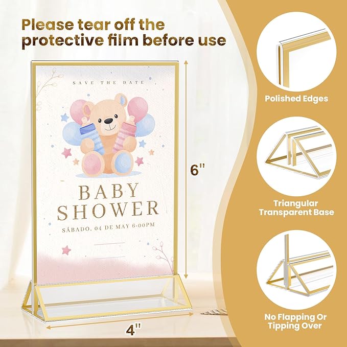 Acrylic Gold Sign Holders 4x6, 2 Pack Wedding Gold Table Number Holders, Double Sided Photo Display Picture Frame Paper Stand, Clear Flyer Stand Menu Holder for Wedding, Home, Party, Restaurant