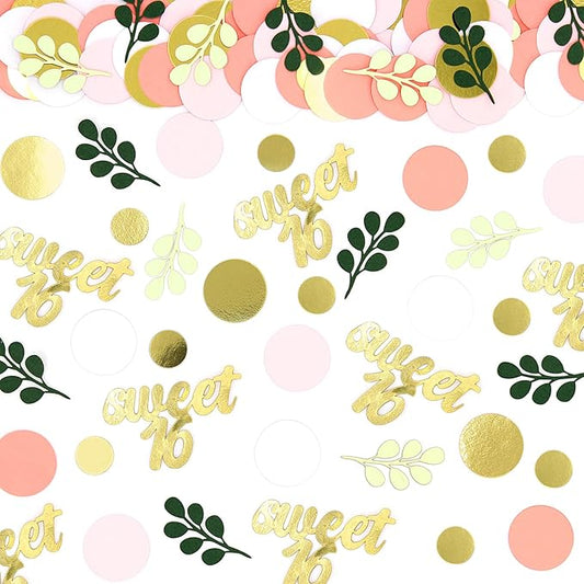 300PC Pink and Sage Green Sweet 16 Party Decorations for Girls 16th Birthday Confetti Sweet 16 Table Decorations Dots Eucalyptus Scatters for Sixteen Birthday Party Decor Supplies