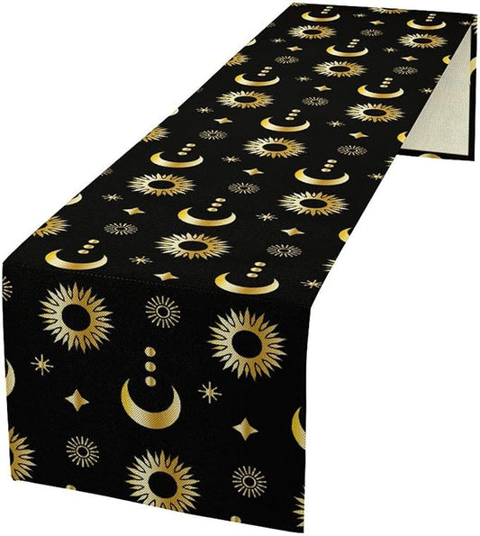 Magic Gold Sun Moon Stars Table Runner Mystical Farmhouse Rustic TableRunner for Party Holiday Dining Room Kitchen 13x90 Inch