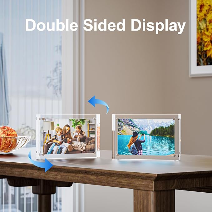 5 Pack 4x6 Acrylic Picture Frames - 20% Thicker Double Sided Magnetic Frame with UV Protection - Freestanding Clear Frameless Display for Tabletops - Modern Photo Frame Set for Home & Office Decor