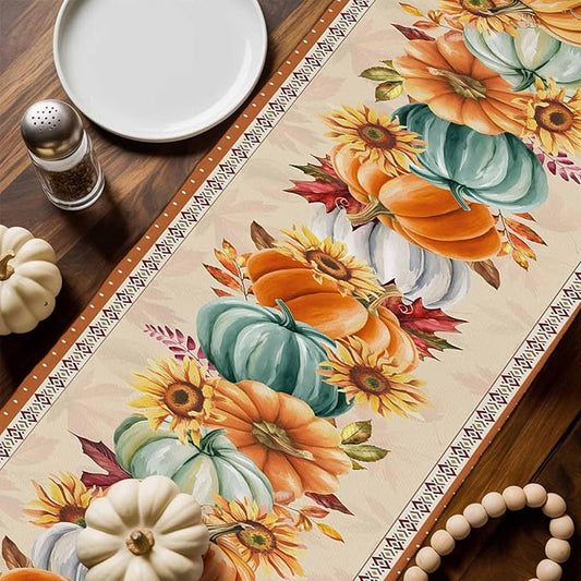 Fall Thanksgiving Southwest Cotton Linen Table Runner for Dining Kitchen, Orange Pumpkins Wedding Outdoor Party Rustic Tablerunners Decoration, Sunflower Dresser Scarf Tablecloth Runners 13x36 Inches
