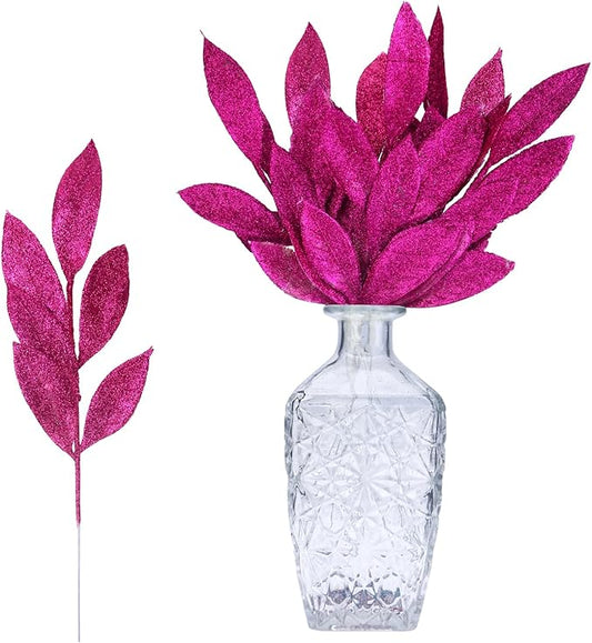 GREENTIME 12 Pack Artificial Rose Red Glitter Leaves 13" Fake Christmas Picks Decorative Glitter Sticks for Vase Christmas Tree DIY Wreath Crafts Fireplace Decor