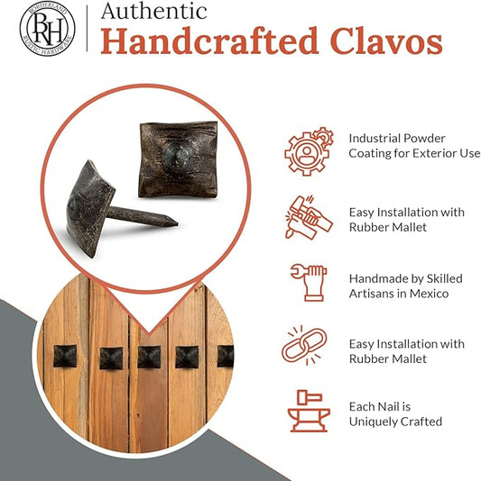 10 Pack 0.75" Square Head Iron Clavos Decorative Nails – Sealed Unfinished – Handmade Rustic Square Fasteners for Farmhouse Shutters, Barn Doors, Shutters, Gates – Ornamental Wood Accent