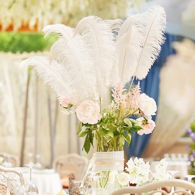 Hanaive 150 Pcs Ostrich Feathers Set Bulk Plumes 12-14 Inch (30-35cm) 70 Pcs Large Ostrich Feathers with 80 Sticks and Tape for DIY Crafts Wedding Home Party Centerpiece Decorations(White)
