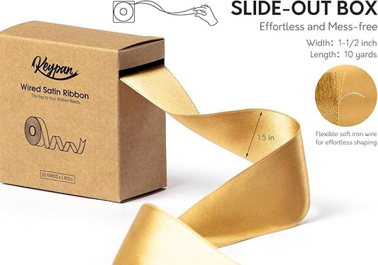 Gold Satin Ribbon Double-Faced Wired Ribbons for Gift Wrapping Flower Bouquet Bows Wedding Invitation Christmas Decor Crafts 1-1/2 Inch 10 Yards