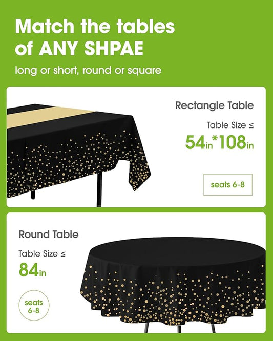 Pureegg Plastic Table Cloth Disposable 10 Pack, 54 x 108 Inch, Table Runner Style, Graduation Decorations 2025, Party Tablecloths, Rectangle, Plastic Cover, Leakproof & Sturdy, Black Gold
