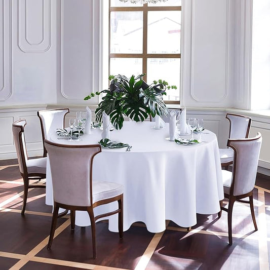 Biscaynebay Textured Fabric Round Tablecloths 90", White Water Resistant Table Cloths Circle Folding Table Covers Linen for Dining, Kitchen, Wedding and Parties etc.