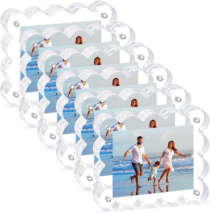 6Pack Magnetic Acrylic Picture Frames 2×3 Inch - Scalloped Glass Frame with 10+10mm Thick Block, Double Sided Clear Frames for Desktop Display | Trendy Home Gift