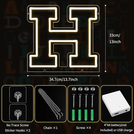 Light Up Letters H, Led Marquee Letter Lights Neon Sign, 13" Height Decorative Lighted Alphabet Number, Battery/USB Powered Led Letters Lights for Wedding, Birthday, Party, Christmas or Home Decor
