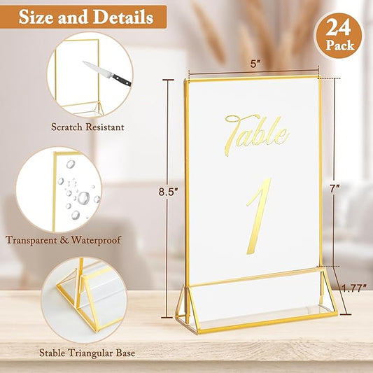 Floroom 24 Pack 5x7 Inch Clear Acrylic Sign Holders, Double-Sided Gold Display Stand Picture Frames for Table Numbers, Menus, Flyers, Weddings, and Offices