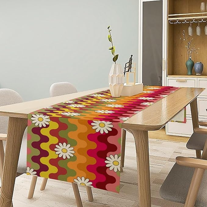 Vintage Floral Table Runner,60s 70s Colorful Retro Abstract Hippie Print Table Runner for Kitchen Dining Table Home Party Decoration 13x108 Inch