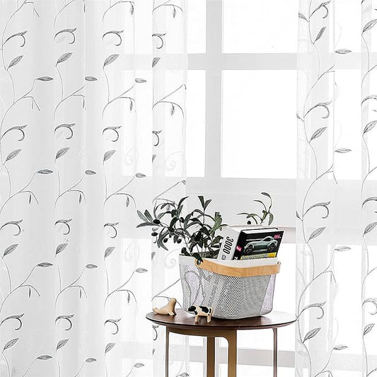 VISIONTEX White Sheer Voile Curtains Loop Embroidered, Decorative Grey Leaves Embroidery Faux Linen, Rod Pocket Window Drapes for Rustic Farmhouse Bedroom 54 x 84 Inch, Set of 2 Panels