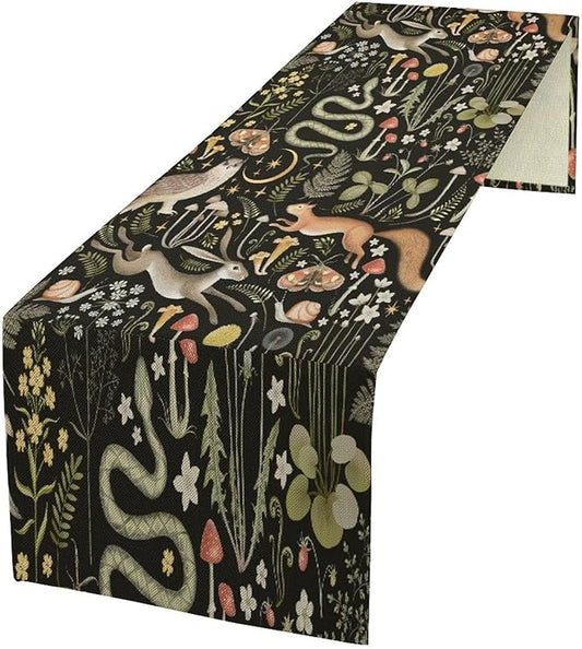 Mushroom Table Runner,Vintage Boho Forest Wild Animal Wildflower Botanical Plants Pattern Print Burlap Hotel Indoors Outdoor Dining Room Kitchen Holiday Party, 13x90in