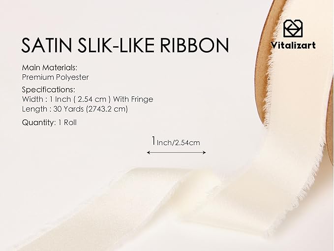 Vitalizart Silk Like Satin Ribbon 1 inch x 30 Yard Ivory White Handmade Frayed Ribbons for Gift Wrapping Baby Shower Wedding Bridal Bouquets Holiday Decor