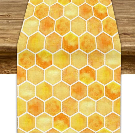Honeycomb Bee Table Runner, Cute Abstract Geometric Yellow Honeycombs Print Table Cover for Kitchen Dining Table Indoor Outdoor Party Decor, 13x120inch