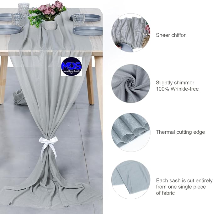 MDS Halloween Chiffon Table Runner - 20 Pack, 29 x 170 Inches, 14ft Each - Sheer Spooky Table Runners for Haunted House Parties, Trick-or-Treat Tables, Witchy Décor, Wedding & Events - Gray