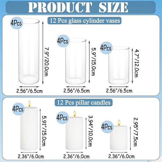 24 Pcs White Pillar Candles with Glass Candle Holder Hurricane Glass Candle Holders Clear Cylinder Vases for Centerpieces Wedding Office Party Home Table Decor