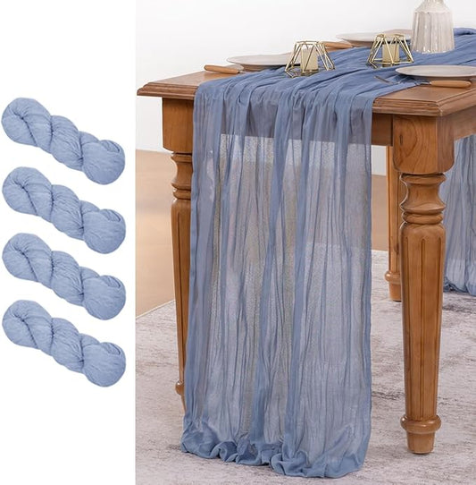 MLMW 4 Pack Dusty Blue Table Runner Cheesecloth Gender Reveal Boho Gauze Rustic Cheese Cloth Table Runner 160 inch Sheer 13.3ft for Wedding Party Baby Bridal Shower Birthday
