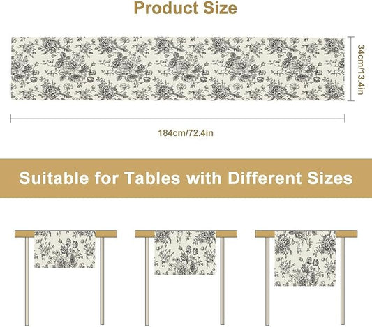 Vintage Flower Table Runner, Black White Wildfloral Floral Sketch Print Kitchen Dinning Table Runner for Indoor Outdoor Home Wedding Party Holiday, 13x108 Inch
