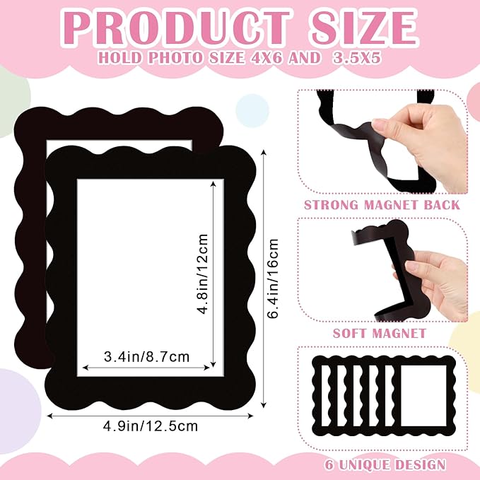 Kingdder 12 Pcs Scalloped Magnetic Picture Frame for Refrigerator 4 x 6 Black Reusable Picture Frame Magnets Decorative Photo Holders for Fridge Home School Office Kitchen Locker Decor