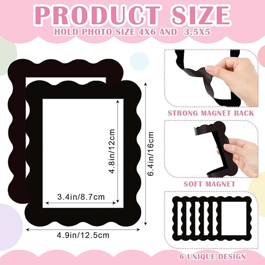 Kingdder 12 Pcs Scalloped Magnetic Picture Frame for Refrigerator 4 x 6 Black Reusable Picture Frame Magnets Decorative Photo Holders for Fridge Home School Office Kitchen Locker Decor