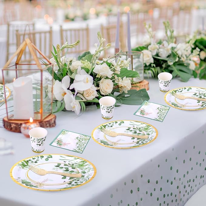 Sage Green Party Decoration, 126PCS Sage-Green Plates and Napkins Party Supplies, Spring Greenery Eucalyptus Leaves Disposable Dinnerware Decor for Wedding Birthday Baby Shower