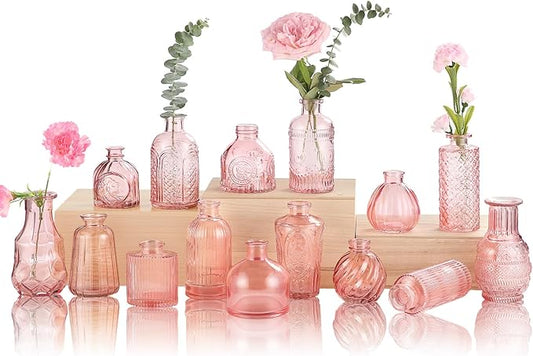 Bud Vases for Centerpieces Wedding,Flower Vases in Bulk for Rustic Home Decor,Small Vases for Wedding,Mother's Day,Graduation,Christmas,Birthday Party,Valentine's Day(Pink,15 Pcs)