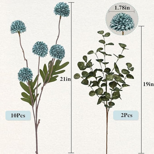Waipfaru 10pcs Fake Silk Pompon Mum Artificial Flowers, Bulk Faux Mini Chrysanthemums with 2pcs Eucalyptus Stems, for Centerpieces Wedding Fillers Champagne Arrangements Shower Decorations, Blue