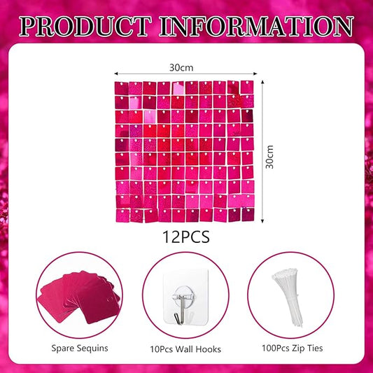 12PCS Fuchsia Shimmer Wall Backdrop, Laser Square Sequin Photo Backdrops Panel, Glitter Wall Background for Birthdays, Weddings, Christmas, Engagements, Disco Bachelorette Party Decoration (3FTx4FT)