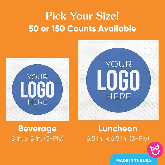 Big Dot of Happiness Custom Logo Party Napkins, Personalized Corporate Branded Business Decor, Your Logo Here White 3-Ply Paper Luncheon Napkins - 150 Count