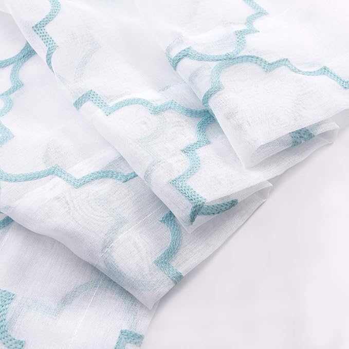 Blue Sheer Curtains 84 Inches Long, Moroccan Embroidered Rod Pocket Sheer Drapes for Living room, Bedroom, 2 Panels, 52"x 84", Semi Crinkle Voile Window Treatments for Yard, Patio, Villa, Set of 2.