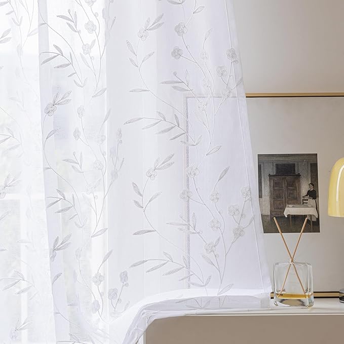 Sheer Curtains Floral Embroidery White 84 Inch Long Rod Pocket Lace Drapes for Living room, Bedroom, 2 Panels, 52"x84", Semi Voile Pattern Outdoor Window Treatment Sets for Yard, Patio, Villa, Parlor.