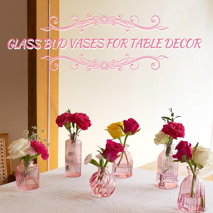 Pink Vase, Bud Vases Set of 12, Small Pink Glass Vases for Flowers Modern Ribbed Glass Bud Vase for Decor Wedding Flower Vase in Bulk Vintage Decor Bridal Shower Centerpieces Home Table Decoration
