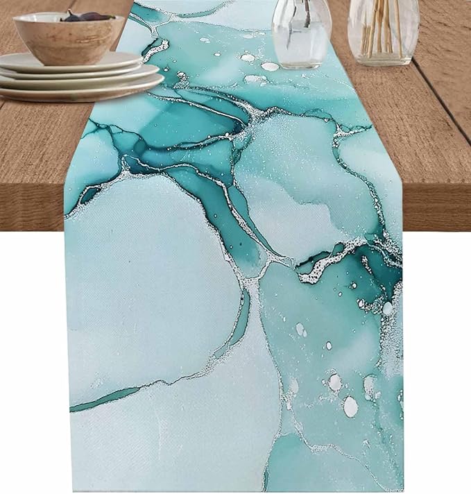 Turquoise Marble Cotton Linen Table Runner for Dining Kitchen, Wedding Outdoor Party Tablerunners Decoration, Nature Marble Crack Country Retro Dresser Scarf Coffee Tablecloth Runners 13x36 Inches