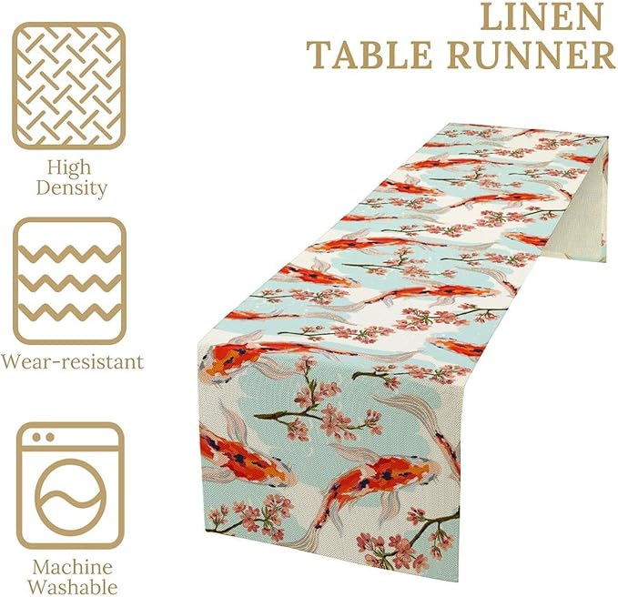 Japanese Kio Fish Table Runner Cherry Flower Art Printed Burlap Runner Home Kitchen Dining Table Living Room Decor Fabric 1 Panel W13xL90in