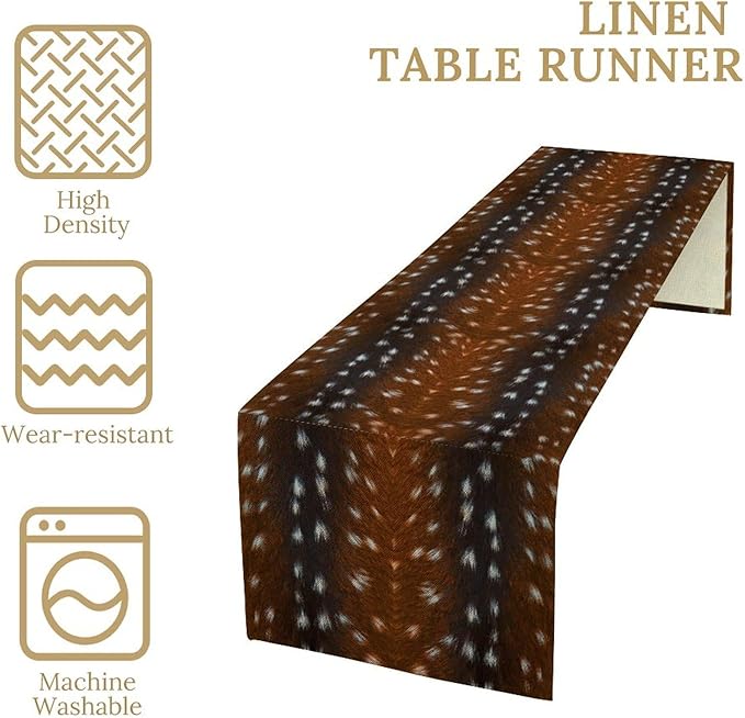Deer Skin Table Runner Brown Fur Runner Black White Elk Deer Print Fur Western Print Cotton Linen Cottage Dinner Table Runners for Dining Room Kitchen Table Setting, 13x36 Inch
