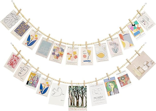 2PCS Hanging Photo Display with Clips, Photo String with 12 Clips, Boho Wooden Bead Garland Collage Picture for Classroom, Bedroom, Office Wall Decor