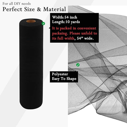 Black Tulle Fabric Rolls 54 Inch by 10 Yards Fabric Tulle Bolt for Wedding Halloween Decorations Gift Wrapping DIY Tutu Baby Shower Table Skirt Birthday Party Craft Supplies