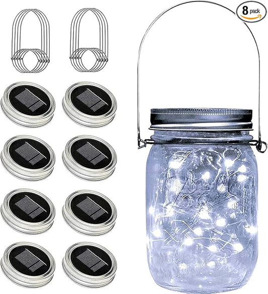 8 Pack Solar Fairy Star Firefly Jar Lid Lights - Waterproof Lantern Mason String Lights With Hangers for Regular Mouth Jars - Christmas Gifts (Cold White)